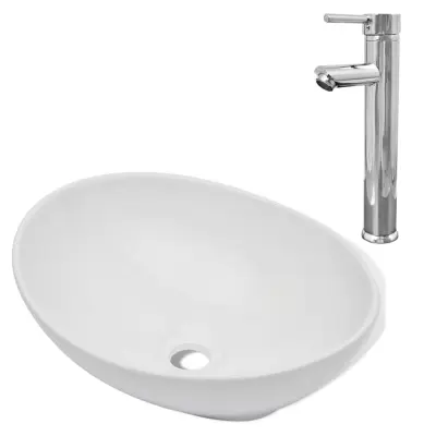 Umivalnik - Kopalna umivalnik - Lavabo z enoročno armaturo keramika ovalni bele barve