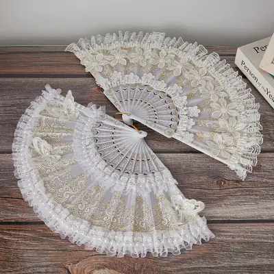 Eleganten bel čipkast plesni ventilator, rekvizit za fotografiranje in dekoracijo doma   Model 2