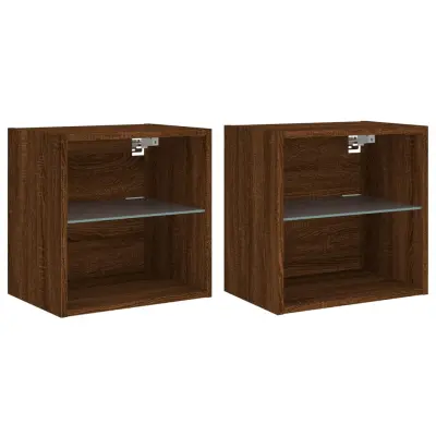 Stenski Dvo delni komplet Nočne omarice - Nočne mize z LED lučkami rjavi hrast