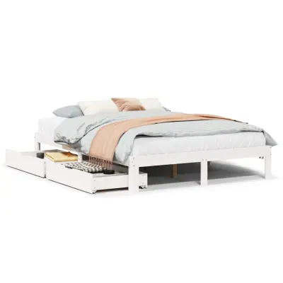 Posteljni okvir - Dvoposteljna postelja - Zakonska postelja s predali bel 135x190 cm trdna borovina