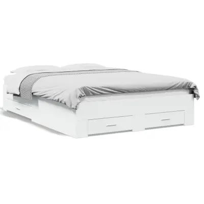 Posteljni okvir - Dvoposteljna postelja - Zakonska postelja s predali bel 135x190 cm inženirski les