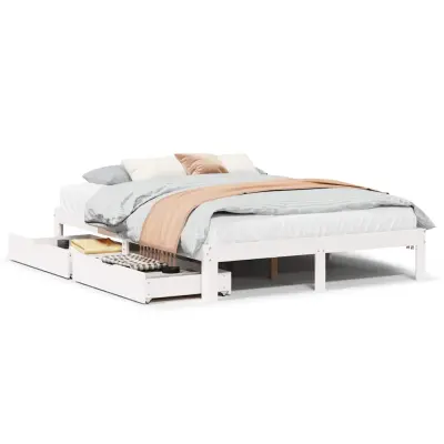 Posteljni okvir - Dvoposteljna postelja - Zakonska postelja s predali bel 140x190 cm trdna borovina