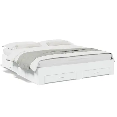 Posteljni okvir - Dvoposteljna postelja - Zakonska postelja s predali bel 200x200 cm inženirski les