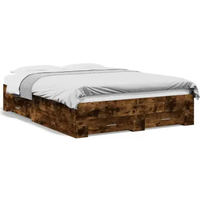 Posteljni okvir - Dvoposteljna postelja - Zakonska postelja s predali dimljen hrast 140x190 cm inž. les