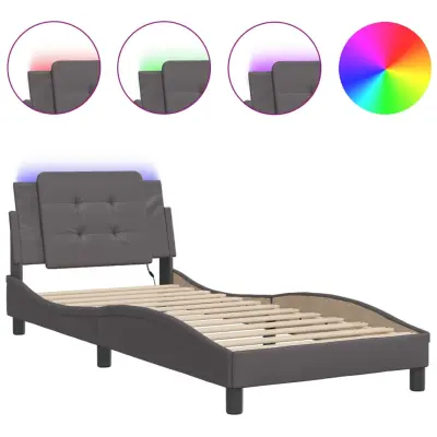 Posteljni okvir - Enojna postelja - Postelja za odrasle z LED lučkami siv 80x200 cm umetno usnje