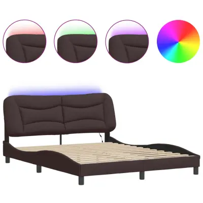 Posteljni okvir - Dvoposteljna postelja - Zakonska postelja z LED lučkami temno rjav 160x200 cm tkanina