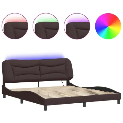 Posteljni okvir - Dvoposteljna postelja - Zakonska postelja z LED brez vzmetnice temno rjav 180x200cm blago