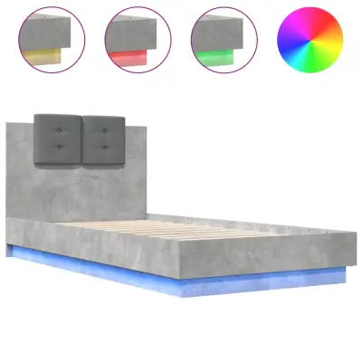 Posteljni okvir - Enojna postelja - Postelja za odrasle z vzglavjem in LED betonsko siv 75x190 cm