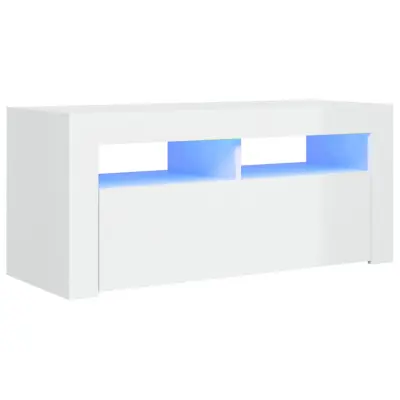 TV omarica - TV stojalo - Televizijska omarica z LED lučkami visok sijaj bela 90x35x40 cm