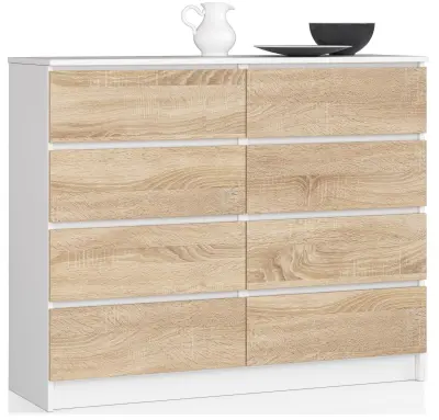 KOMODA K 120 cm 8 ŠUPEK BELE / SONOMA