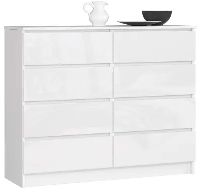 KOMODA K 120 cm 8 PREDALNIKOV ACRYLIC BELO VISOKI SJAJ