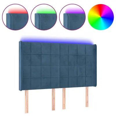 LED Posteljno vzglavje - Vzglavna omarica - Nočna omarica temno modro 147x16x118/128 cm žamet