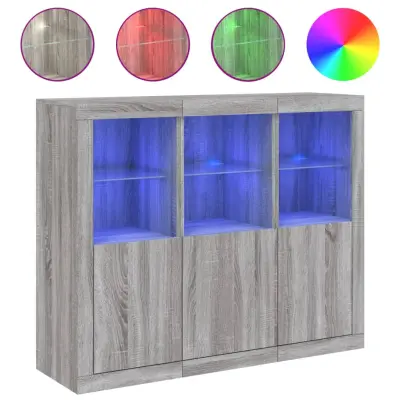 Komoda - Predalnik z LED lučkami 3 kosi siva sonoma inženirski les