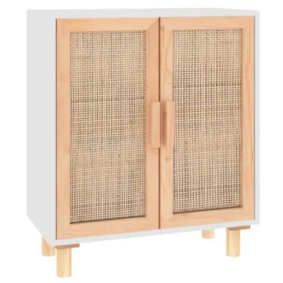 Komoda - Predalnik bela 60x30x70 cm trdna borovina in naravni ratan