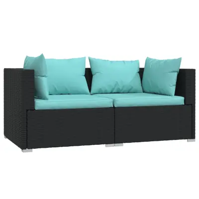 kavč - Sofa - Kanape dvosed z blazinami črn poli ratan