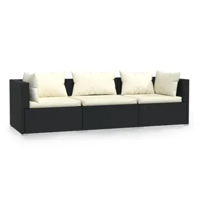kavč - Sofa - Kanape trosed z blazinami črn poli ratan