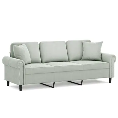 kavč - Sofa - Kanape trosed z okrasnimi blazinami svetlo siv 180 cm žamet