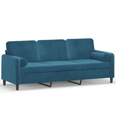 kavč - Sofa - Kanape trosed z okrasnimi blazinami moder 180 cm žamet