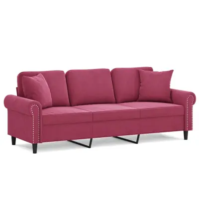 kavč - Sofa - Kanape trosed z okrasnimi blazinami vinsko rdeč 180 cm žamet