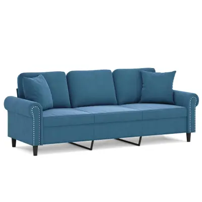 kavč - Sofa - Kanape trosed z okrasnimi blazinami moder 180 cm žamet