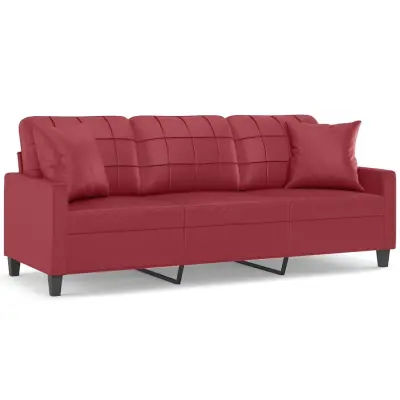 kavč - Sofa - Kanape trosed z okrasnimi blazinami vinsko rdeč 180 cm um. usnje