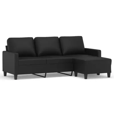 kavč - Sofa - Kanape trosed s stolčkom za noge črn 180 cm umetno usnje