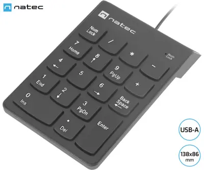 Številčna/numerična tipkovnica NATEC GOBY 2, membranska, 18 tipk, Plug&Play, 150 cm kabel, črna