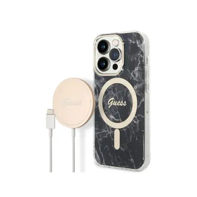 Guess, Komplet ohišja za iPhone 14 Pro Max z marmornatim vzorcem in brezžični polnilnik Qi Magsafe, Črna