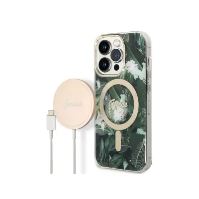 Guess, Paket ohišja za iPhone 14 Pro Jungle Design in brezži?ni polnilnik Qi MagSafe 15W, Kaki