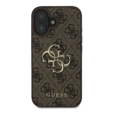 Guess, Ohišje za iPhone 16 z logotipom Monogram in 4G v kovini, Temno rjava