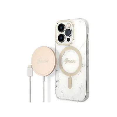 Guess, Komplet ohišja za iPhone 14 Pro z marmornatim vzorcem in brezžični polnilnik Qi Magsafe 15W, Bela