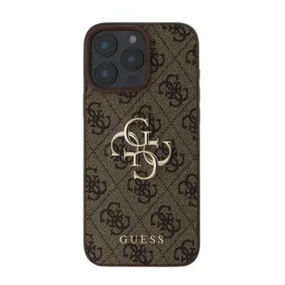 Guess, Ohišje za iPhone 16 Pro z monogramom in logotipom 4G v kovini, Temno rjava