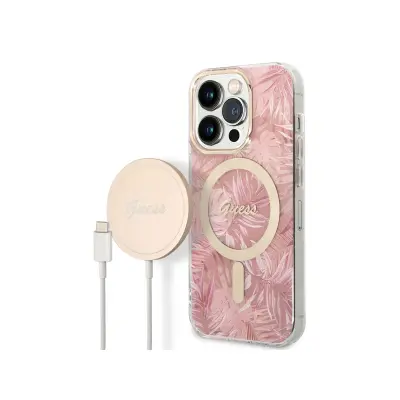 Guess, Komplet ohišja za iPhone 14 Pro Jungle Design in brezži?ni polnilnik Qi MagSafe 15W, Roza