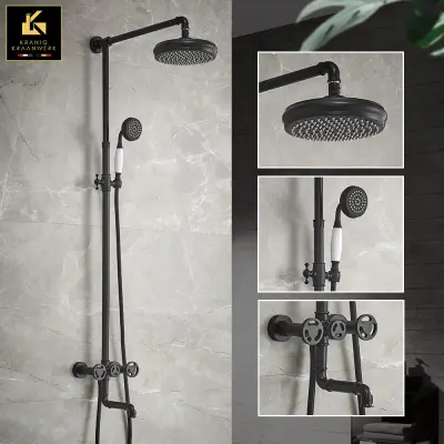 Pipa za prho Podeželski in industrijski slog | nadometna tuš garnitura | Marta-Laži | Črna ali zlata z belimi poudarki