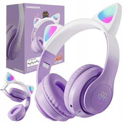Aku. LED RGB brezžične igralne slušalke z mačjimi ušesi + mikrofon vijolične