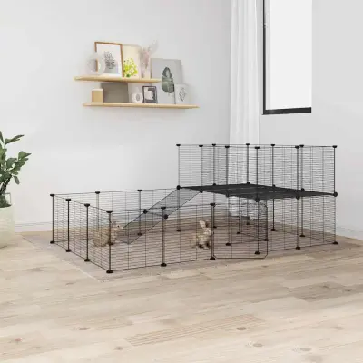 The Living Store Ograda za hišne ljubljen?ke s 36 paneli ?rna 35x35 cm jeklo - Kletka Za Male Živali