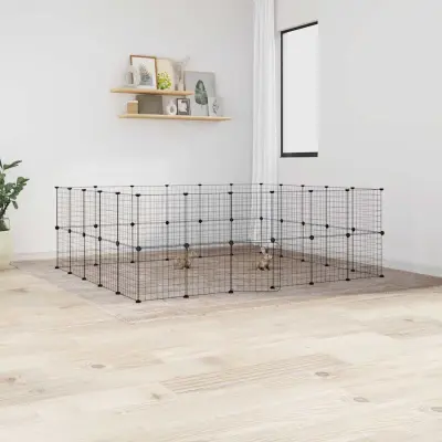 The Living Store Ograda za hišne ljubljen?ke s 44 paneli ?rna 35x35 cm jeklo - Kletka Za Male Živali