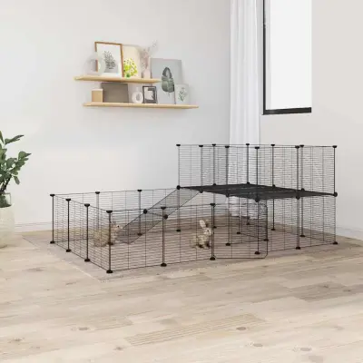 The Living Store Ograda za hišne ljubljen?ke s 44 paneli ?rna 35x35 cm jeklo - Kletka Za Male Živali