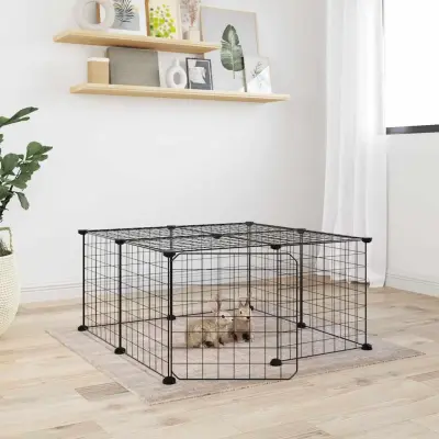 The Living Store Ograda za hišne ljubljen?ke z 12 paneli ?rna 35x35 cm jeklo - Kletka Za Male Živali