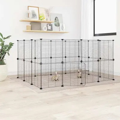 The Living Store Ograda za hišne ljubljen?ke z 28 paneli ?rna 35x35 cm jeklo - Kletka Za Male Živali