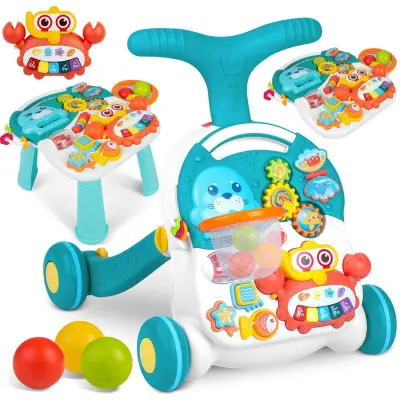 3-in-1 Educational Pusher Table RK-810 in White and Blue for Kids
