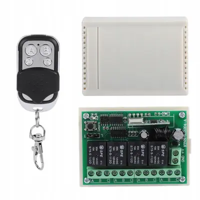Rosfix Set Brezžični Rele Modul 433MHz – 4 Kanali, 12V DC, 100 m Domet, Pilot z 4 Gumbi | 75×54×29 mm