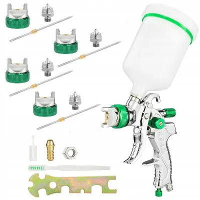 Rosfix HVLP Srebrna Brizgalna Pištola – 4 Šobe 1,4–2,5 mm, 600 ml, 1/4'''', 3–4 Bar | 170 l/min, Medenina