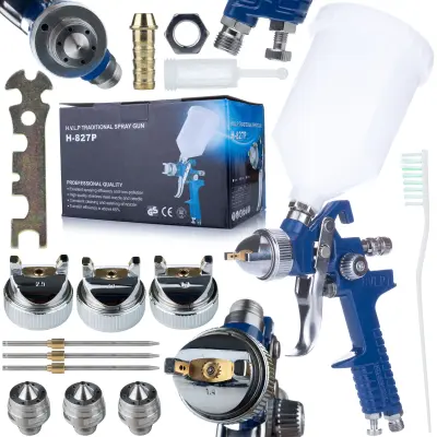 Rosfix HVLP Brizgalna Pištola – 4 Šobe 1,4–2,5 mm, 600 ml, 1/4'''' Priključek, 3–4 Bar | Medenina, Aluminij