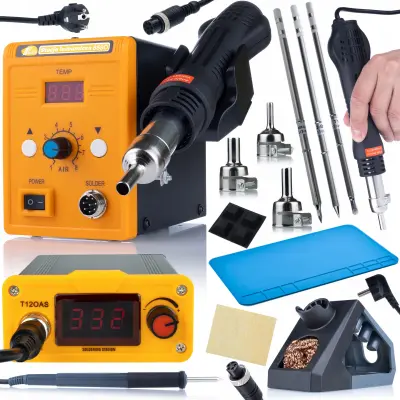 ORANŽNA AKBASH STANDARDNI KOMPLET SPAJKALNE POSTAJE T12OAS + HOT-AIR 858D + T12-IL T12-B T12-BC4 SPAJKALNE KONICE + SILIKONSKA SPAJKALNA PODLOGA