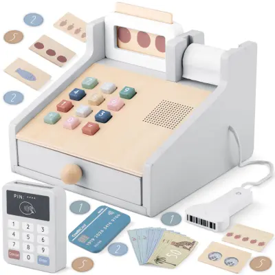 Nukido NK-863 Wooden Toy Cash Register with Realistic Features