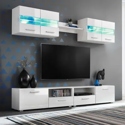 The Living Store Stenska TV enota 5-delna z LED osvetlitvijo visok sijaj bela - Stenska TV Enota