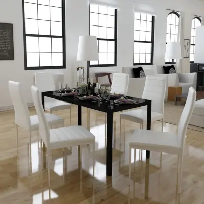 The Living Store Sedem Delni Komplet Jedilne Mize in Stolov ?rne in Bele Barve -