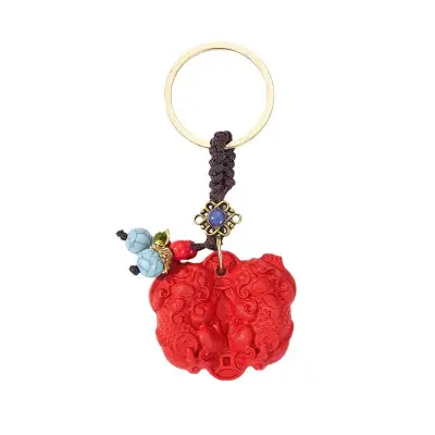 Dvojni obesek za ključe Pi Xiu iz rdečega peščenjaka z rdečimi in modrimi perlami