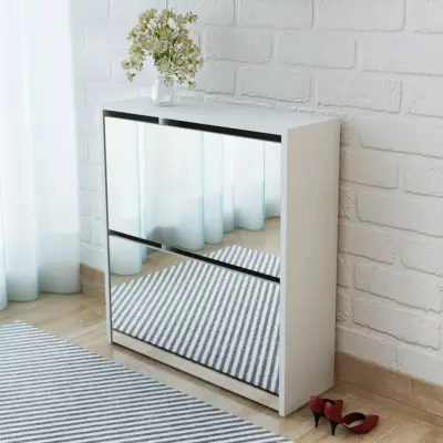 The Living Store Omarica za čevlje 2 nadstropna z ogledalom bela 63x17x67 cm - Omarica Za Čevlje